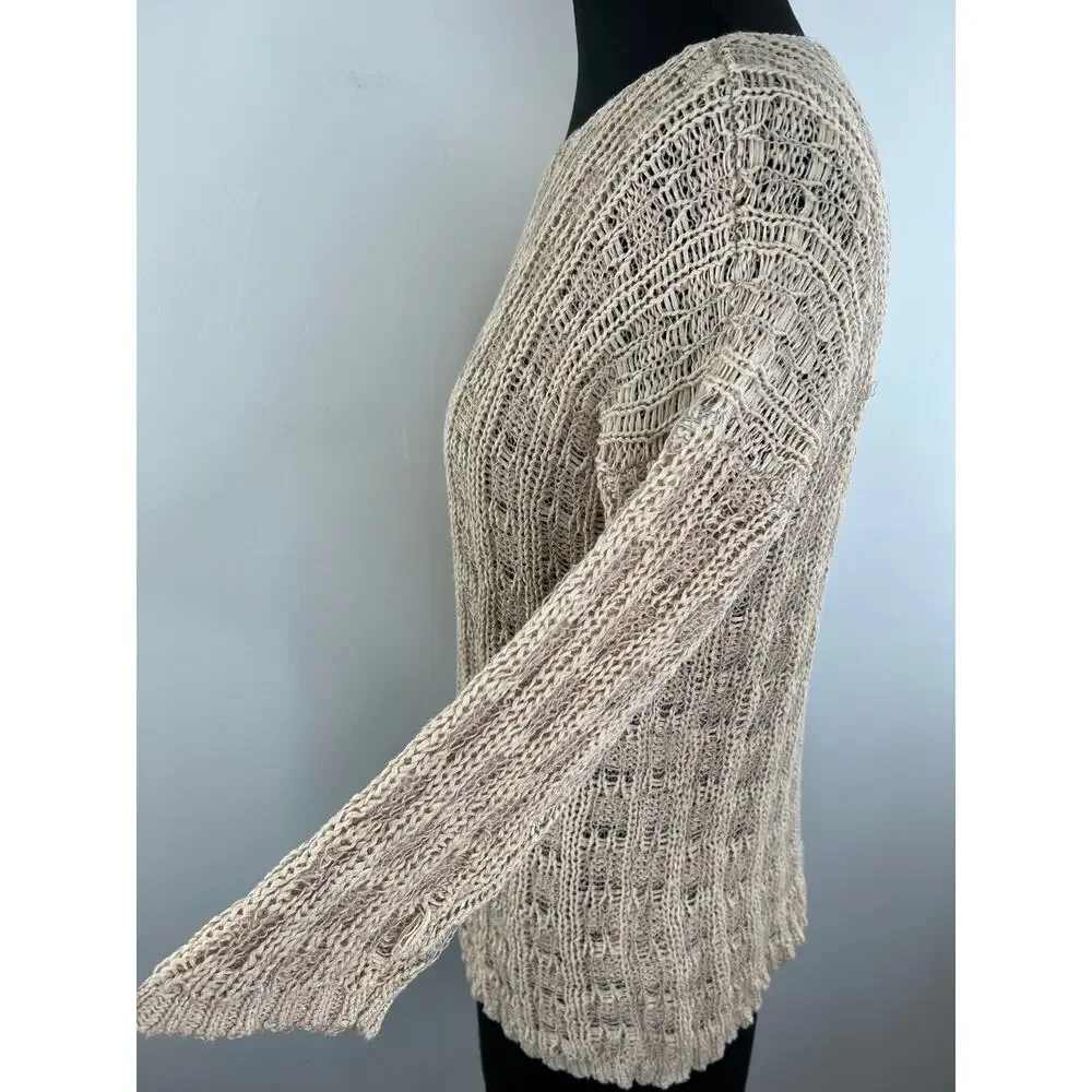 Eileen Fisher Beige Organic Cotton Linen 3/4 Sleeve Round Neck Knit Sweater S